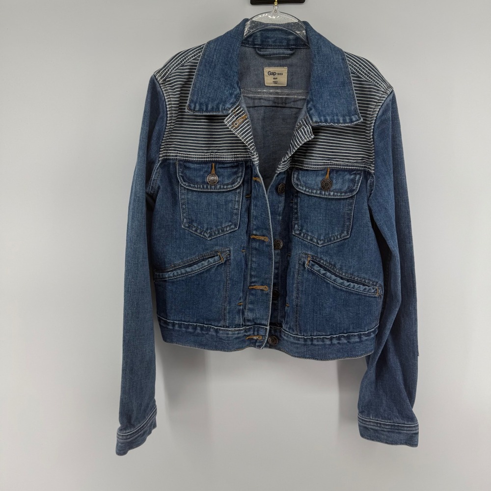 Gap 1969 Denim Jacket Women XS P Dark Indigo Striped Mix Media Trucker